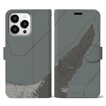 【知床（北海道）】地図柄iPhoneケース（手帳タイプ）モノトーン・iPhone 13 Pro 用