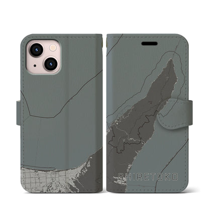 【知床（北海道）】地図柄iPhoneケース（手帳タイプ）モノトーン・iPhone 13 mini 用