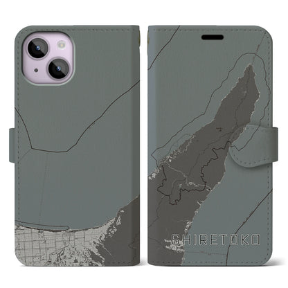 【知床（北海道）】地図柄iPhoneケース（手帳タイプ）モノトーン・iPhone 14 用