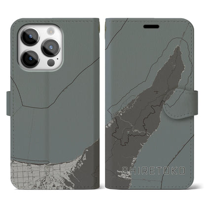 【知床（北海道）】地図柄iPhoneケース（手帳タイプ）モノトーン・iPhone 14 Pro 用
