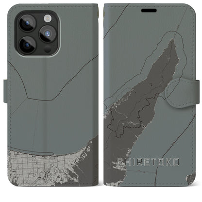 【知床（北海道）】地図柄iPhoneケース（手帳タイプ）モノトーン・iPhone 15 Pro Max 用