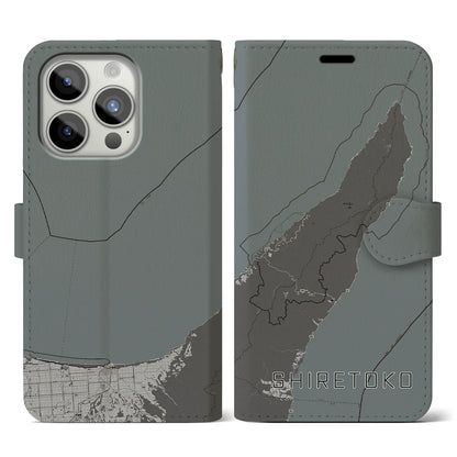 【知床（北海道）】地図柄iPhoneケース（手帳タイプ）モノトーン・iPhone 15 Pro 用