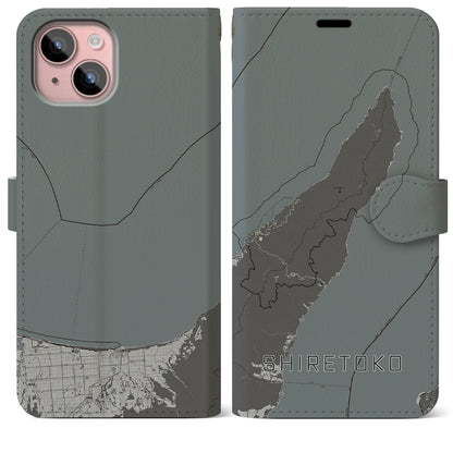 【知床（北海道）】地図柄iPhoneケース（手帳タイプ）モノトーン・iPhone 15 Plus 用