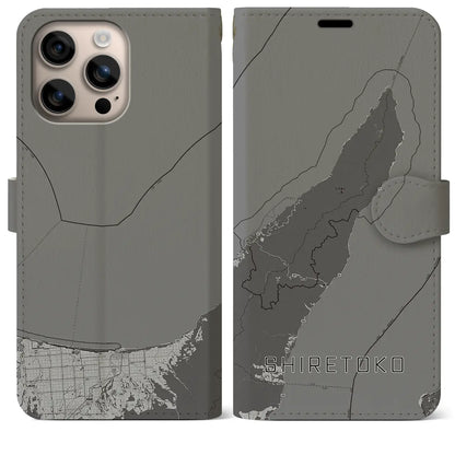 【知床（北海道）】地図柄iPhoneケース（手帳タイプ）モノトーン・iPhone 16 Plus 用