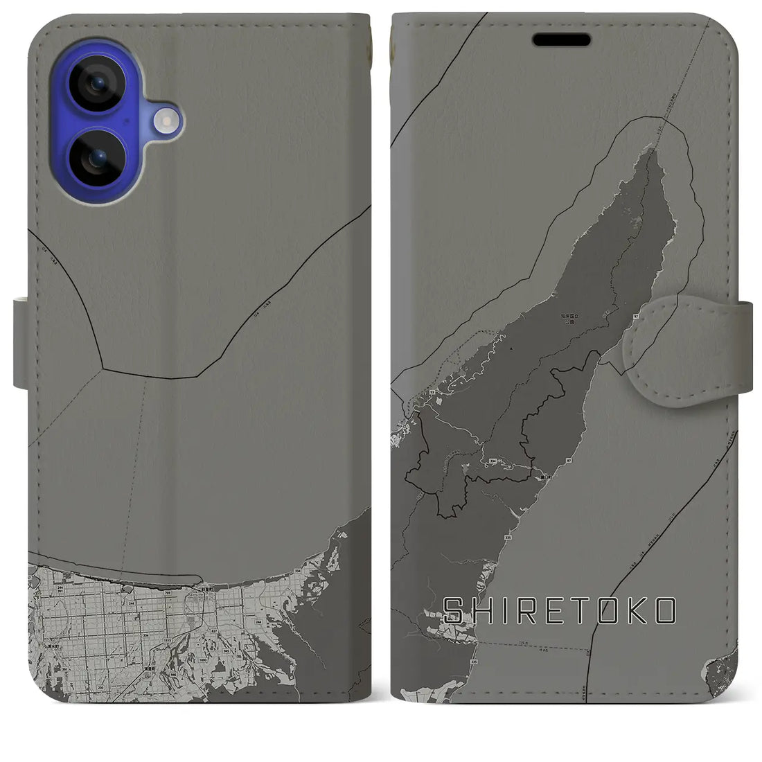 【知床(北海道)】地図柄iPhoneケース(手帳タイプ)モノトーン・iPhone 16 Pro Max 用