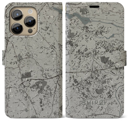 【白井（千葉県）】地図柄iPhoneケース（手帳タイプ）モノトーン・iPhone 14 Pro Max 用