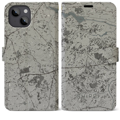 【白井（千葉県）】地図柄iPhoneケース（手帳タイプ）モノトーン・iPhone 14 Plus 用