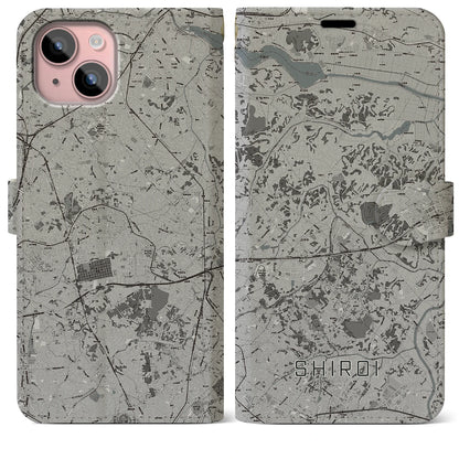 【白井（千葉県）】地図柄iPhoneケース（手帳タイプ）モノトーン・iPhone 15 Plus 用