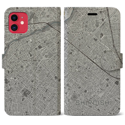 【白石（北海道）】地図柄iPhoneケース（手帳タイプ）モノトーン・iPhone 11 用