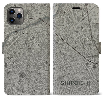 【白石（北海道）】地図柄iPhoneケース（手帳タイプ）モノトーン・iPhone 11 Pro Max 用