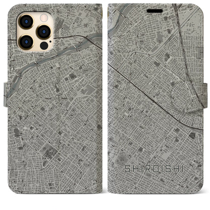 【白石（北海道）】地図柄iPhoneケース（手帳タイプ）モノトーン・iPhone 12 Pro Max 用