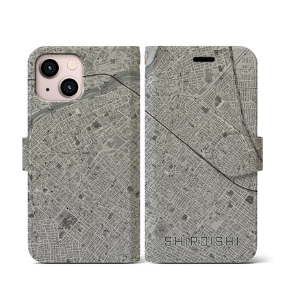 【白石（北海道）】地図柄iPhoneケース（手帳タイプ）モノトーン・iPhone 13 mini 用