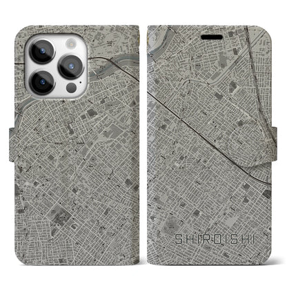 【白石（北海道）】地図柄iPhoneケース（手帳タイプ）モノトーン・iPhone 14 Pro 用