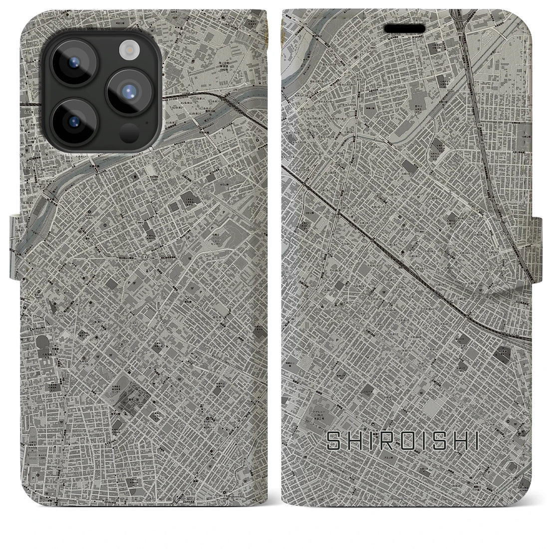 【白石（北海道）】地図柄iPhoneケース（手帳両面タイプ・モノトーン）iPhone 15 Pro Max 用