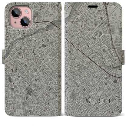 【白石（北海道）】地図柄iPhoneケース（手帳タイプ）モノトーン・iPhone 15 Plus 用