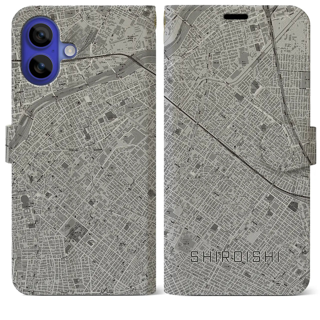 【白石(北海道)】地図柄iPhoneケース(手帳タイプ)モノトーン・iPhone 16 Pro Max 用