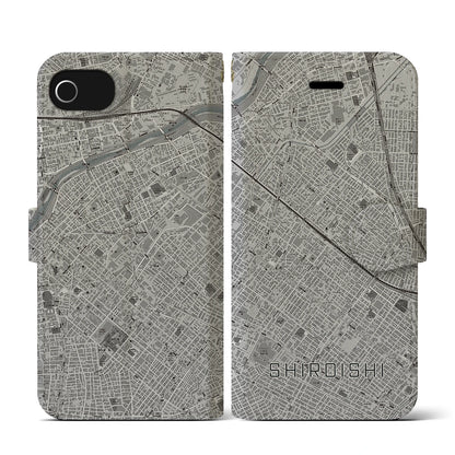 【白石（北海道）】地図柄iPhoneケース（手帳タイプ）モノトーン・iPhone SE（第3 / 第2世代） / 8 / 7 / 6s / 6 用