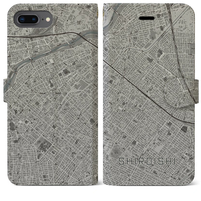 【白石（北海道）】地図柄iPhoneケース（手帳タイプ）モノトーン・iPhone 8Plus /7Plus / 6sPlus / 6Plus 用
