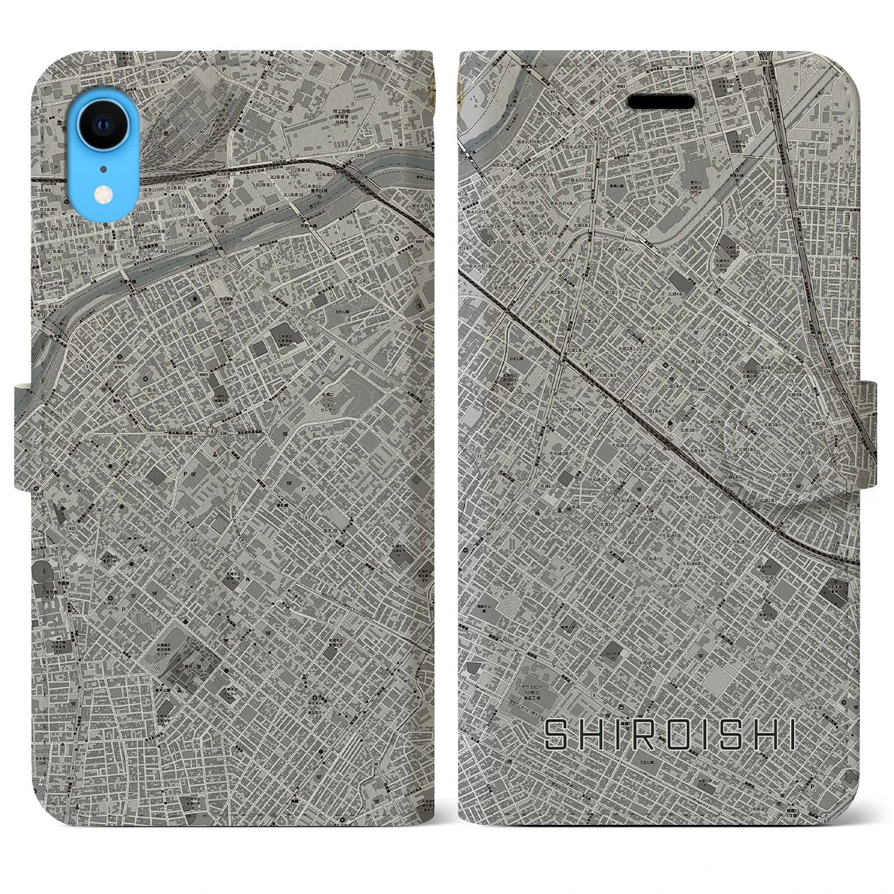 【白石（北海道）】地図柄iPhoneケース（手帳両面タイプ・モノトーン）iPhone XR 用