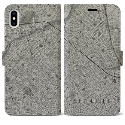 【白石（北海道）】地図柄iPhoneケース（手帳タイプ）モノトーン・iPhone XS Max 用