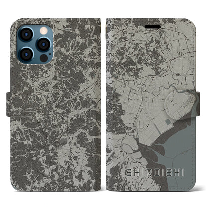 【白石（佐賀県）】地図柄iPhoneケース（手帳タイプ）モノトーン・iPhone 12 / 12 Pro 用