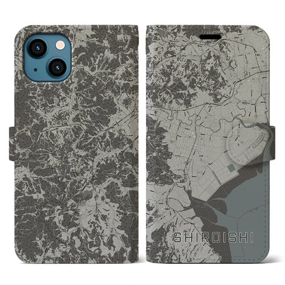 【白石（佐賀県）】地図柄iPhoneケース（手帳タイプ）モノトーン・iPhone 13 用