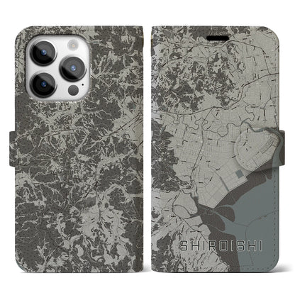 【白石（佐賀県）】地図柄iPhoneケース（手帳タイプ）モノトーン・iPhone 14 Pro 用