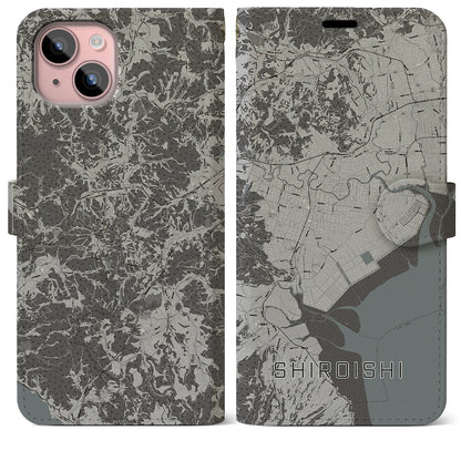 【白石（佐賀県）】地図柄iPhoneケース（手帳タイプ）モノトーン・iPhone 15 Plus 用