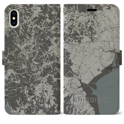 【白石（佐賀県）】地図柄iPhoneケース（手帳タイプ）モノトーン・iPhone XS Max 用