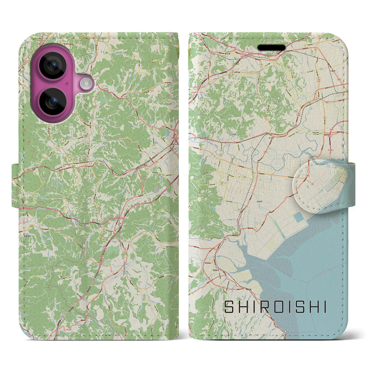 【白石（佐賀県）】地図柄iPhoneケース（手帳タイプ）ナチュラル・iPhone 16 Pro 用