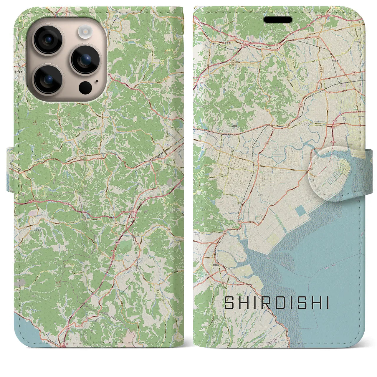 【白石（佐賀県）】地図柄iPhoneケース（手帳タイプ）ナチュラル・iPhone 16 Plus 用