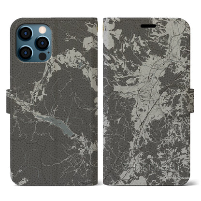 【白石（宮城県）】地図柄iPhoneケース（手帳タイプ）モノトーン・iPhone 12 / 12 Pro 用