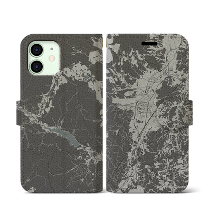 【白石（宮城県）】地図柄iPhoneケース（手帳タイプ）モノトーン・iPhone 12 mini 用