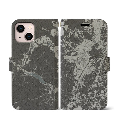 【白石（宮城県）】地図柄iPhoneケース（手帳タイプ）モノトーン・iPhone 13 mini 用