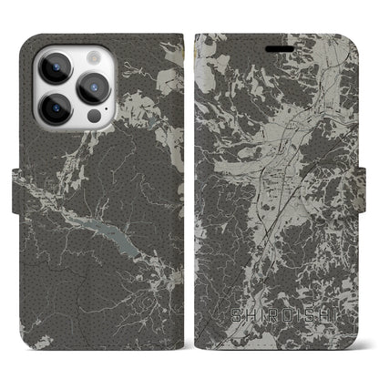 【白石（宮城県）】地図柄iPhoneケース（手帳タイプ）モノトーン・iPhone 14 Pro 用