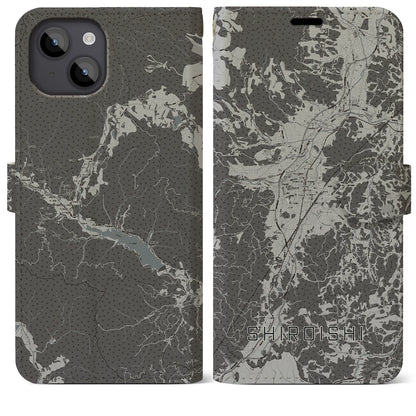 【白石（宮城県）】地図柄iPhoneケース（手帳タイプ）モノトーン・iPhone 14 Plus 用