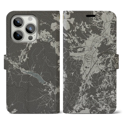 【白石（宮城県）】地図柄iPhoneケース（手帳タイプ）モノトーン・iPhone 15 Pro 用