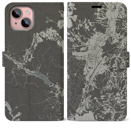 【白石（宮城県）】地図柄iPhoneケース（手帳タイプ）モノトーン・iPhone 15 Plus 用