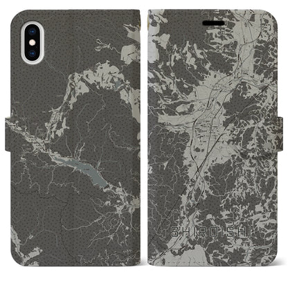 【白石（宮城県）】地図柄iPhoneケース（手帳タイプ）モノトーン・iPhone XS Max 用