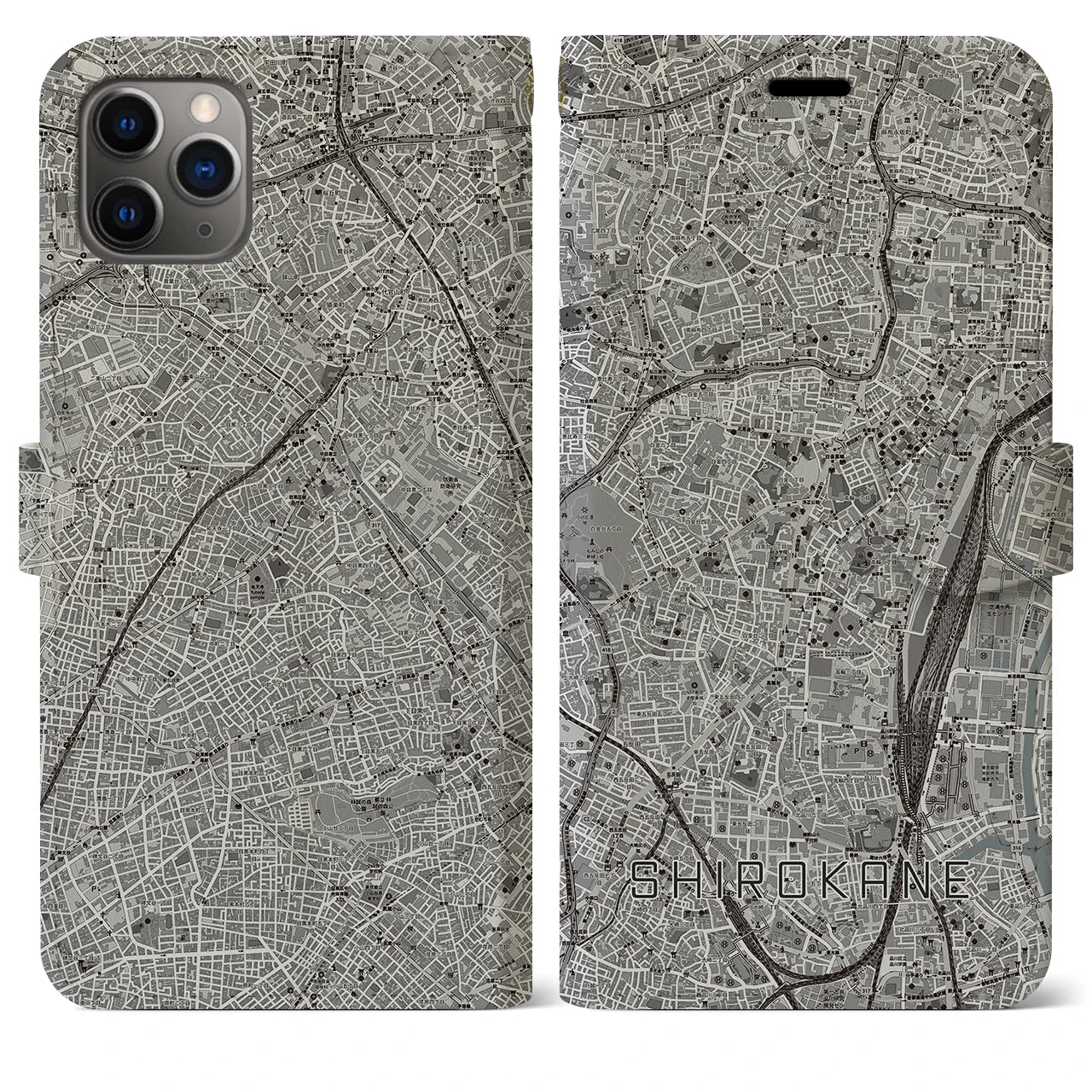 【白金】地図柄iPhoneケース（手帳両面タイプ・モノトーン）iPhone 11 Pro Max 用