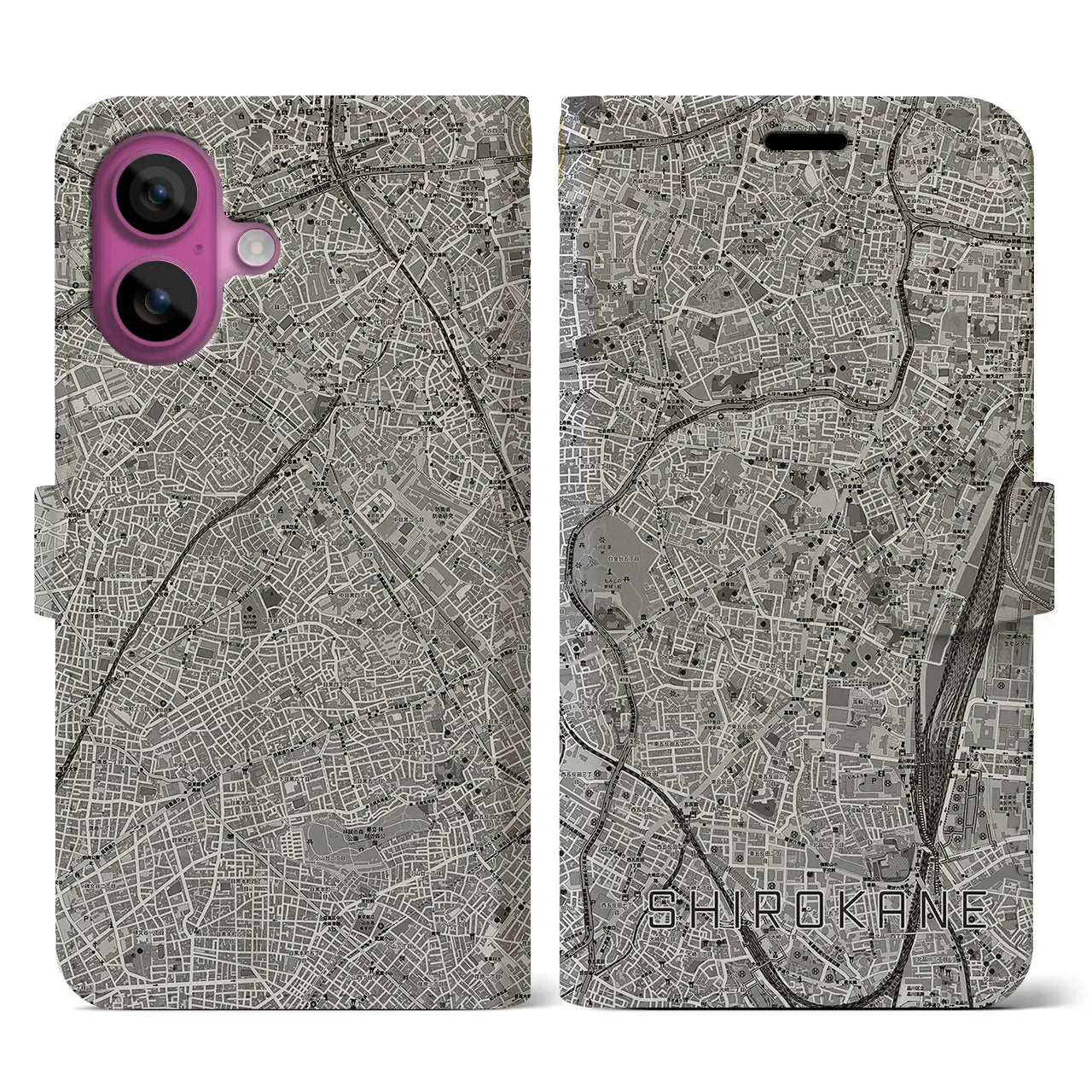 【白金（東京都）】地図柄iPhoneケース（手帳タイプ）モノトーン・iPhone 16 Pro 用