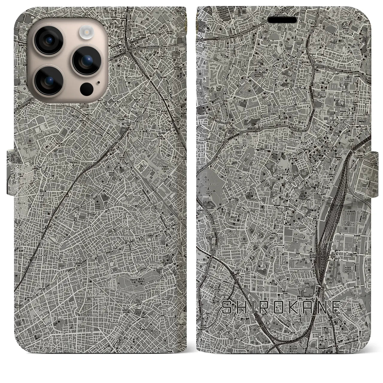 【白金（東京都）】地図柄iPhoneケース（手帳タイプ）モノトーン・iPhone 16 Plus 用