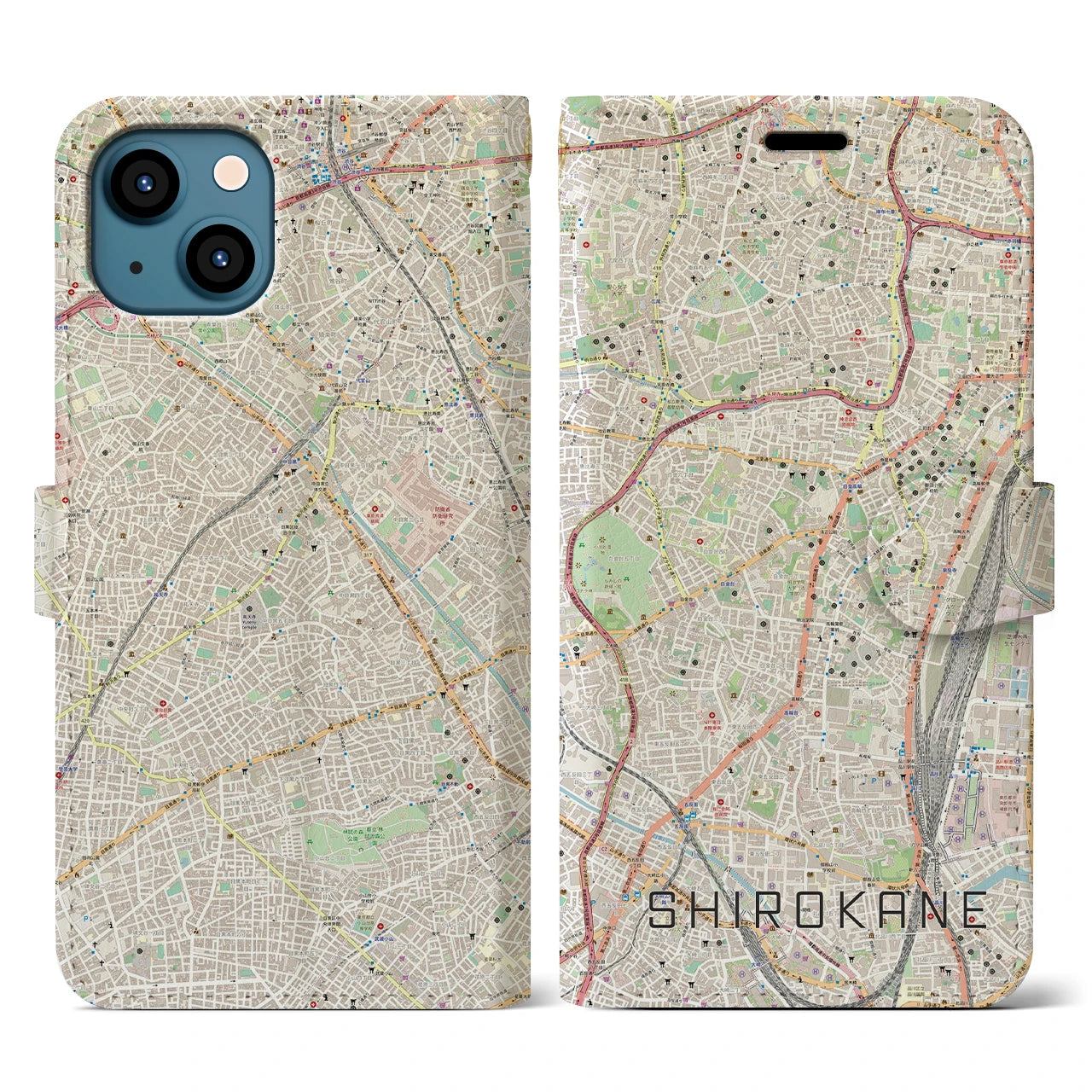 【白金】地図柄iPhoneケース（手帳両面タイプ・ナチュラル）iPhone 13 用