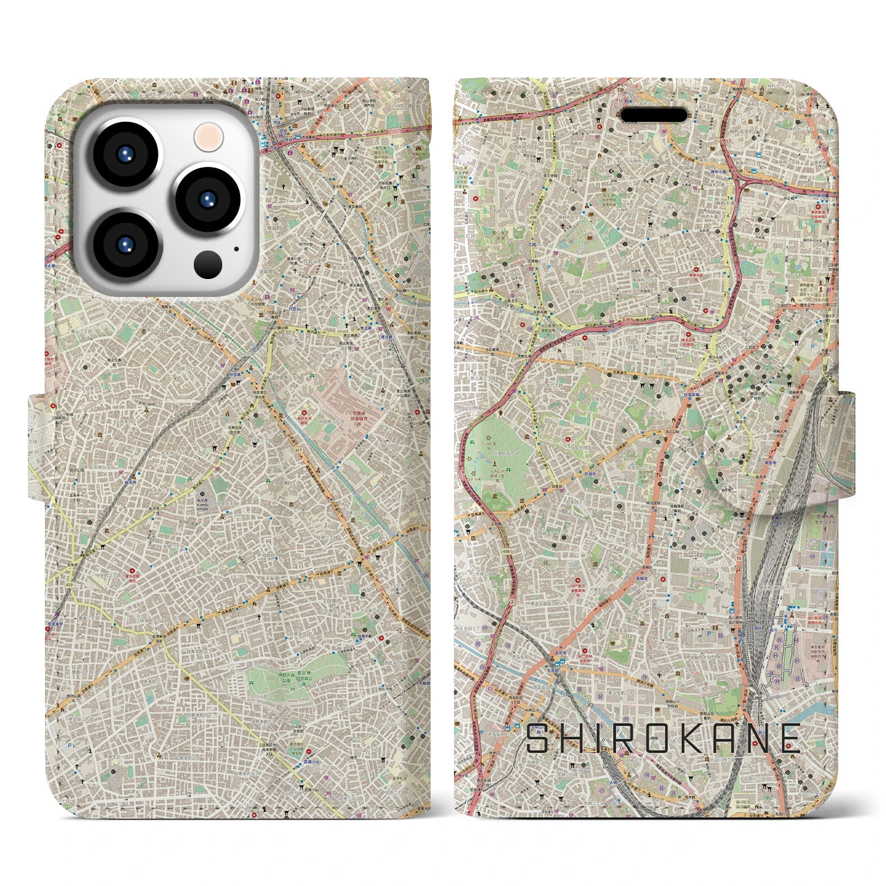 【白金】地図柄iPhoneケース（手帳両面タイプ・ナチュラル）iPhone 13 Pro 用