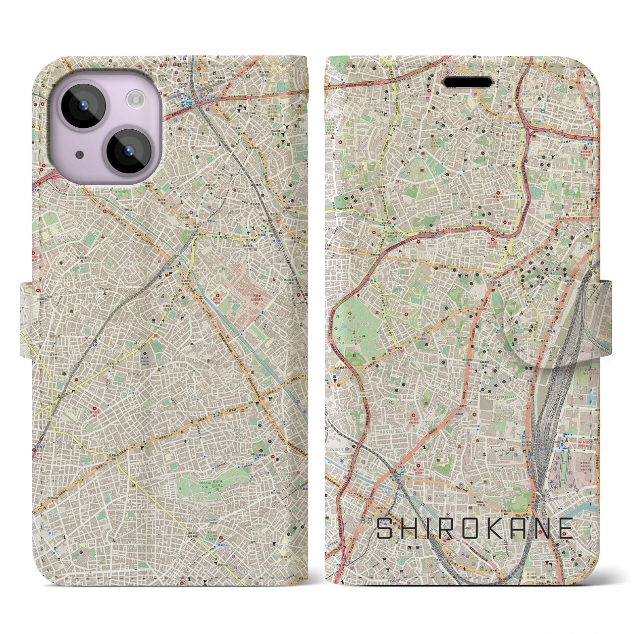 【白金】地図柄iPhoneケース（手帳両面タイプ・ナチュラル）iPhone 14 用