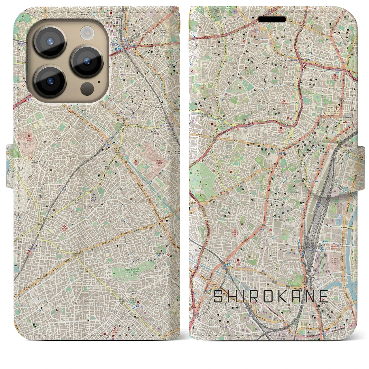 【白金】地図柄iPhoneケース（手帳両面タイプ・ナチュラル）iPhone 14 Pro Max 用