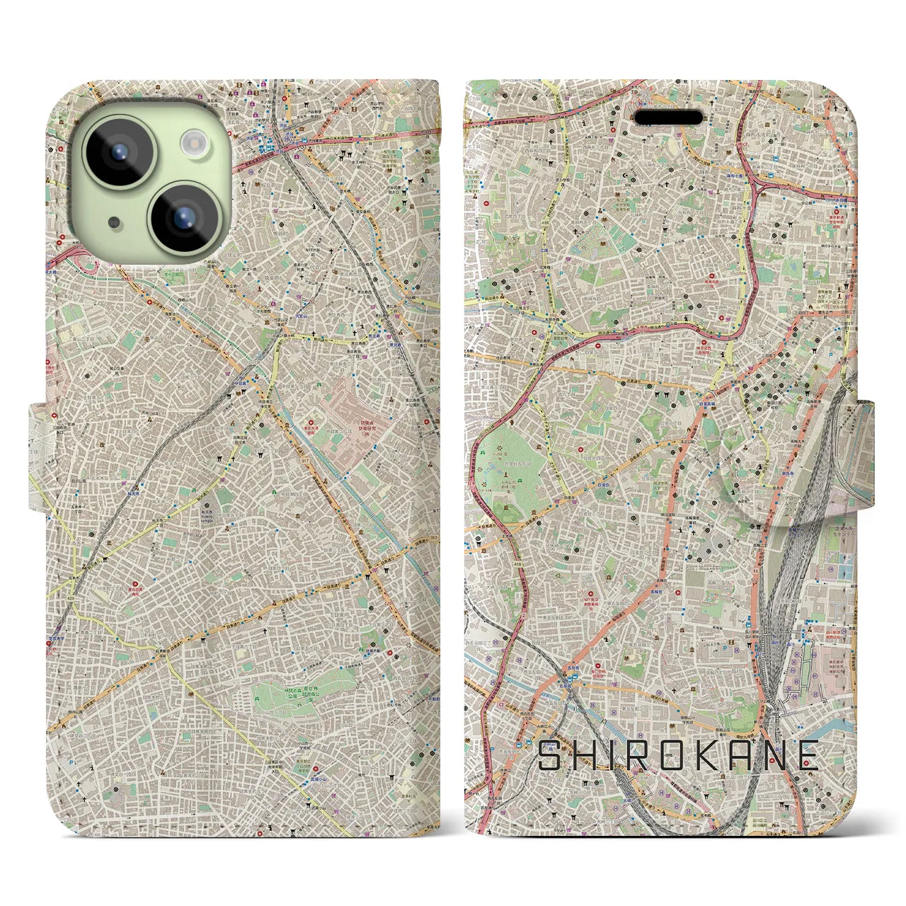 【白金】地図柄iPhoneケース（手帳両面タイプ・ナチュラル）iPhone 15 用