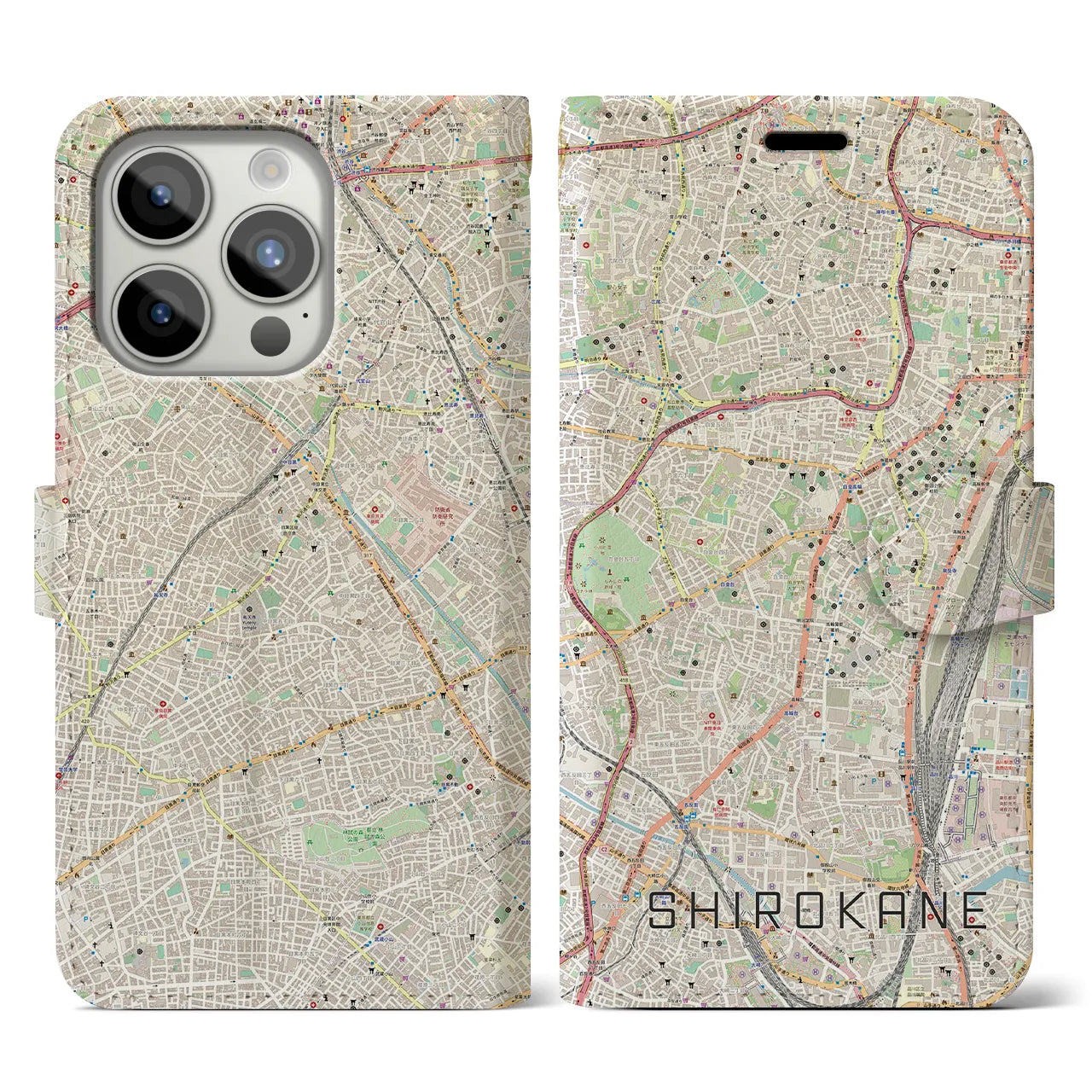 【白金】地図柄iPhoneケース（手帳両面タイプ・ナチュラル）iPhone 15 Pro 用