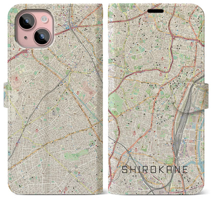 【白金（東京都）】地図柄iPhoneケース（手帳タイプ）ナチュラル・iPhone 15 Plus 用