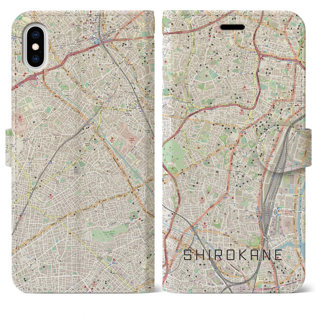 【白金】地図柄iPhoneケース（手帳両面タイプ・ナチュラル）iPhone XS Max 用